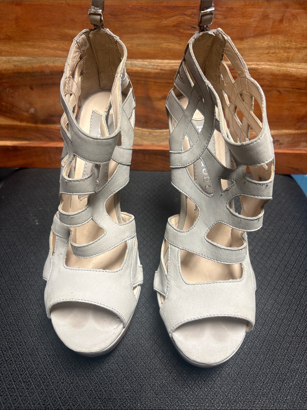 Boutique 9 Light Gray Strappy Cutout High Heel Sandals